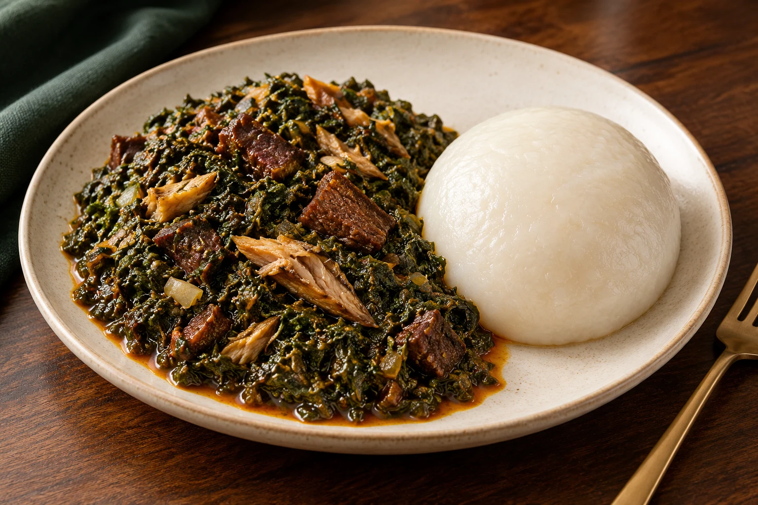 Illustration of dark-green Eru beside a mound of water fufu.