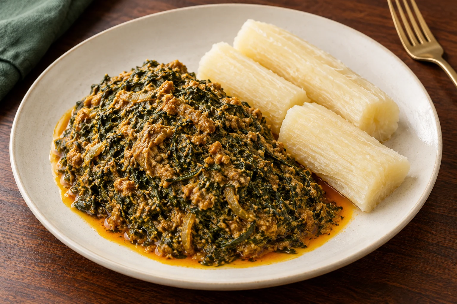 Illustration of groundnut-rich Okok with white cassava pieces.